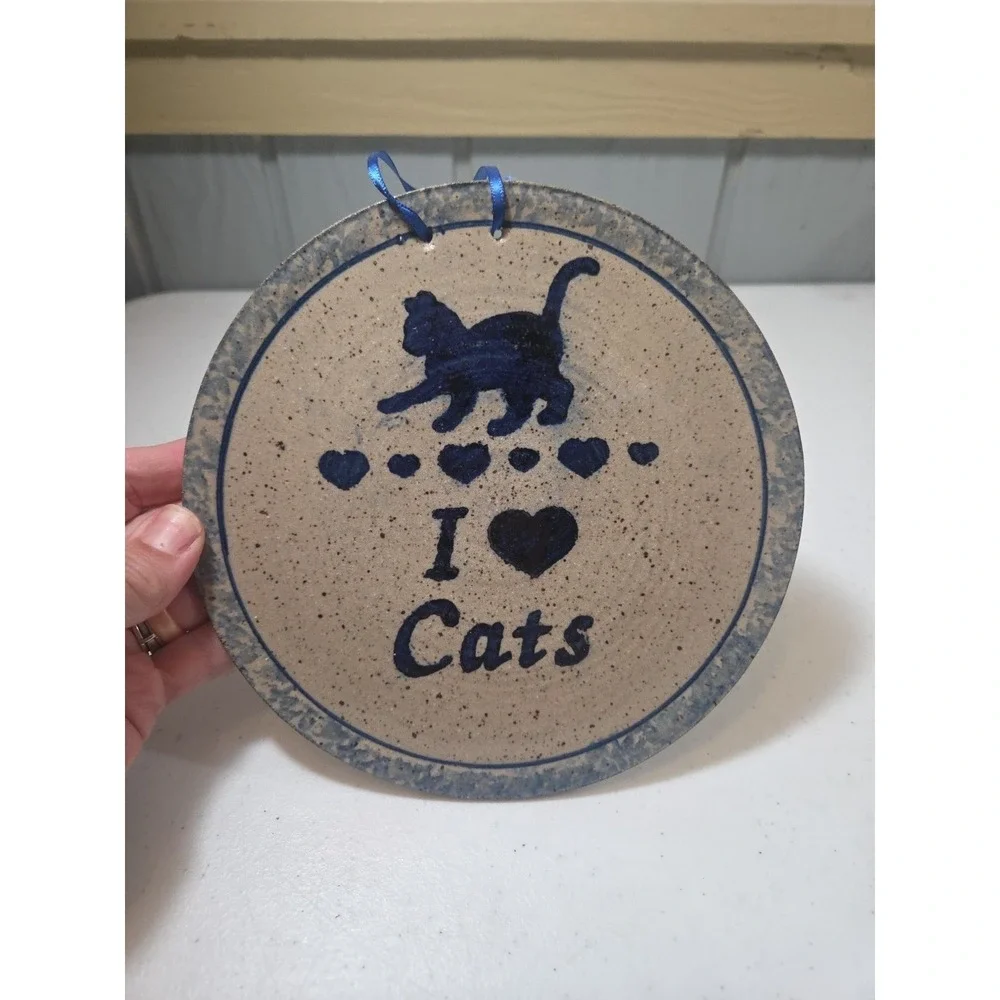 Art Pottery Blue Spongeware I Love Cats Wall Hanging Artist Signed Feline Hearts
